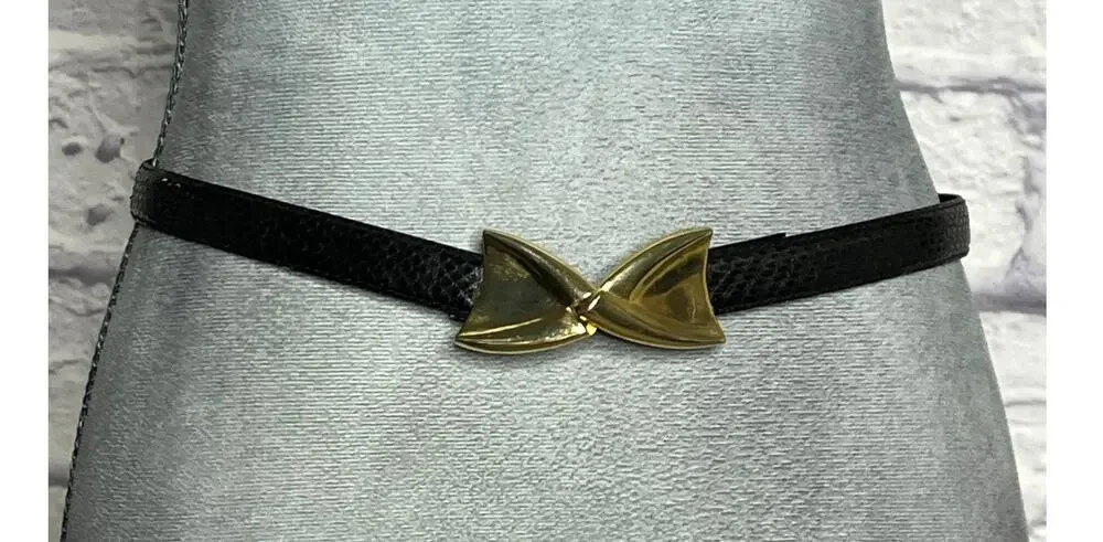 Vintage 80's Made in Taiwan Black Snakeskin Belt with Gold Clasp Closure